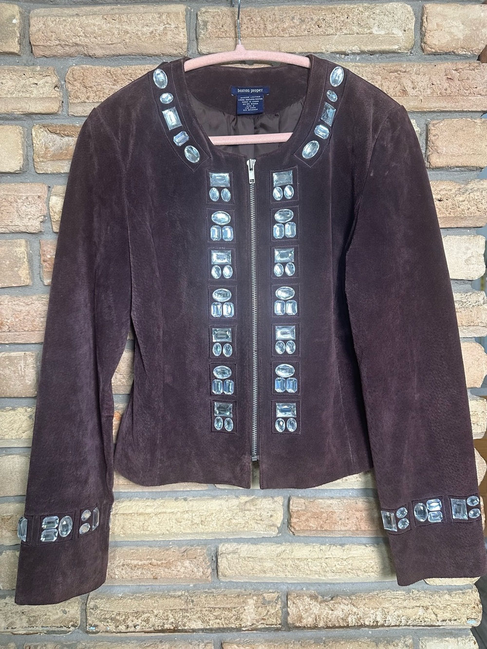 Boston Proper Dark Brown Suede Jacket with Crystal Embellishments Size 8